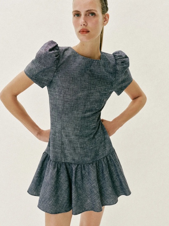 Zara Dresses & Skirts - Zara Puff-Sleeve Mini Dress in Heathered Blue